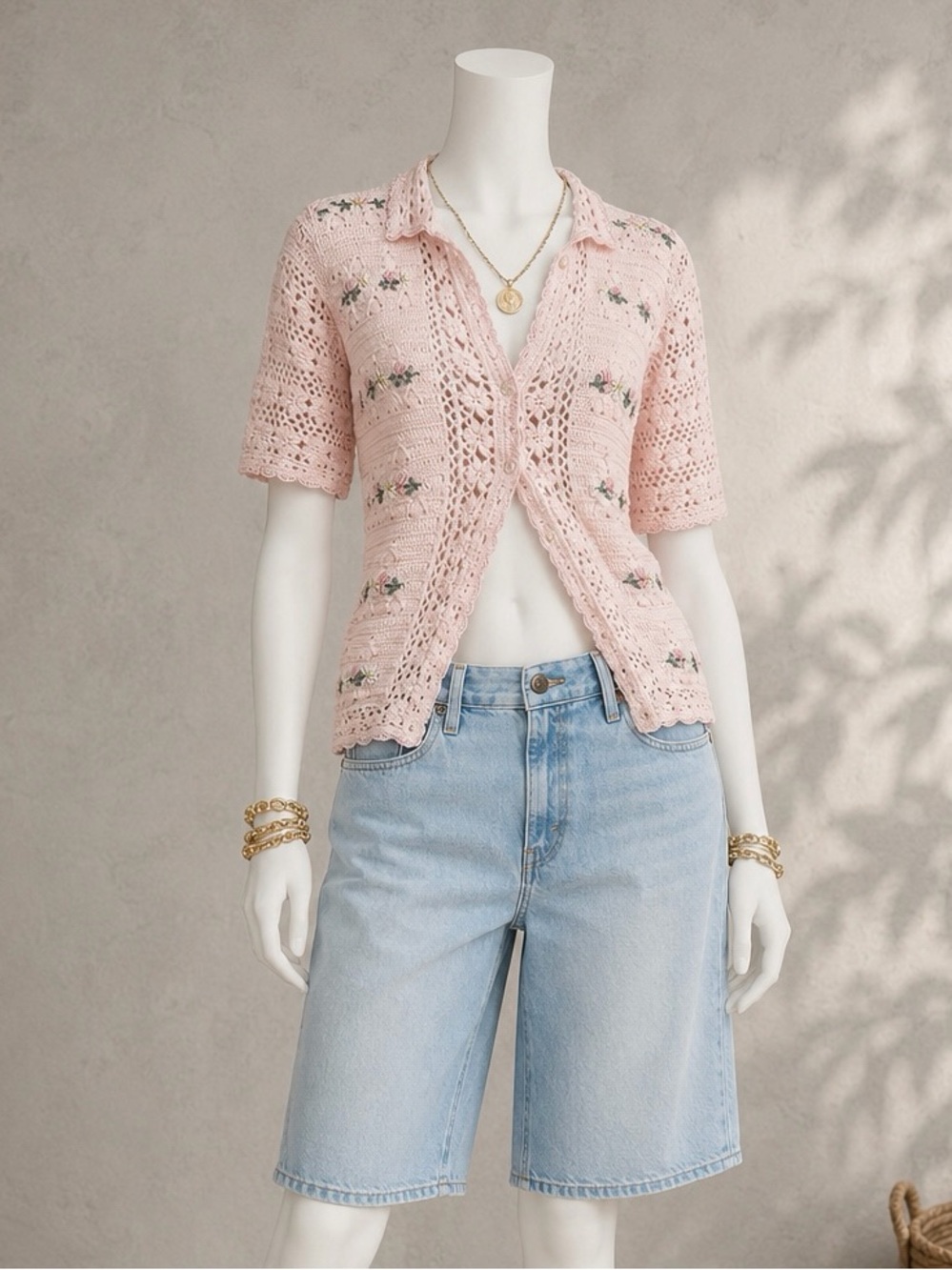 Vintage Cottagecore Pink Crochet Cardigan Floral Embroidered Boho Fashion Bug L